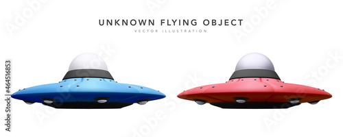 Set of 3d realistic unidentified flying objects isolated on white background. Vector illustration