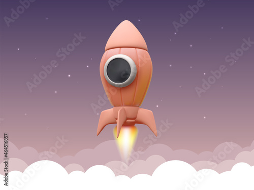 Orange 3d rocket flying into space. Vector illustration