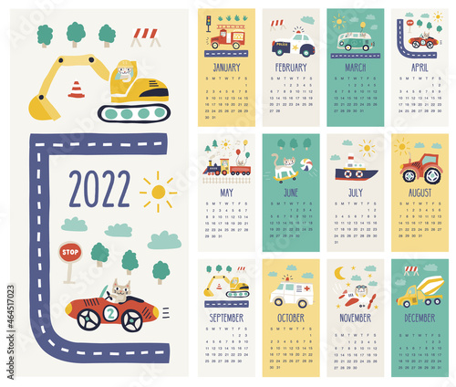 cute funny happy 2022 calendar for little kids boys children baby with cars, train, plane, cats, mixer, truck, van in pastel colours
