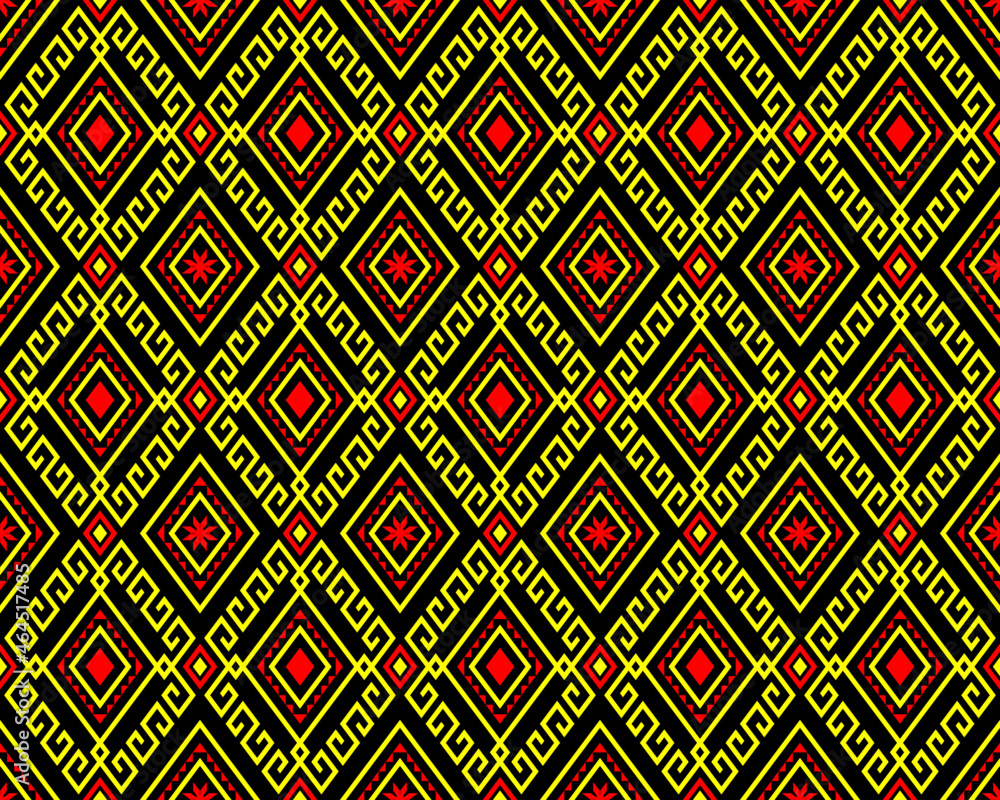 Yellow Red Tribe or Ethnic Seamless Pattern on Black Background in Symmetry Rhombus Geometric Bohemian Style for Clothing or Apparel,Embroidery,Fabric,Package Design