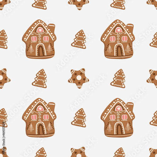 Christmas and New Year hand drawn pattern. Seamless simple pattern with gingerbread Christmas fir tree, house, star. Texture for fabric, textile, poster, card, print, invitation, wrapper, cover