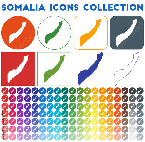 Somalia icons collection. Bright colorful trendy map icons. Modern Somalia badge with country map. Vector illustration.