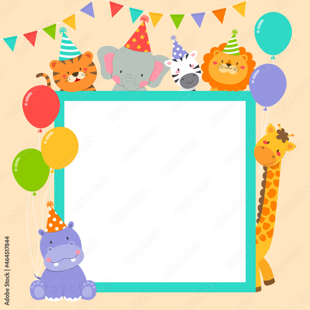 Fototapeta premium Cute wildlife animals cartoon border for party invitation card template.