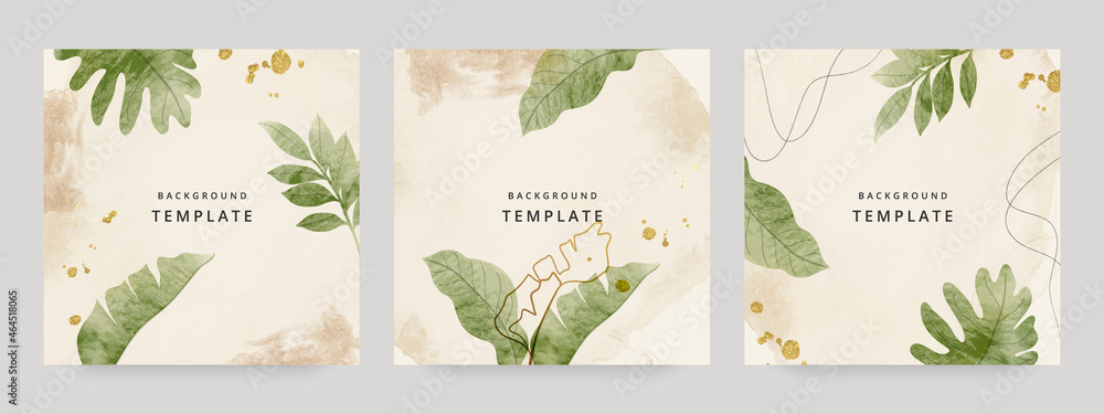 Square web banners background for social media with place for text and photo. Tropical leaves and organic shape watercolor style background for advertising, social media post, wall art, canvas prints.