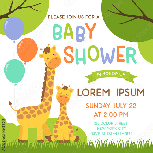 Cute mother and baby giraffes cartoon design for baby shower invitation card template.