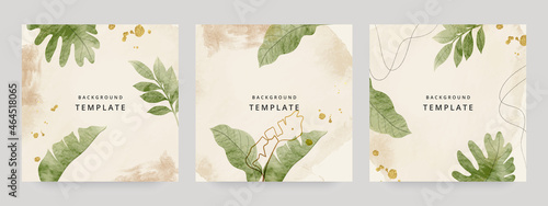 Square web banners background for social media with place for text and photo. Tropical leaves and organic shape watercolor style background for advertising, social media post, wall art, canvas prints.