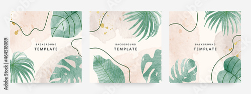 Square web banners background for social media with place for text and photo. Tropical leaves and organic shape watercolor style background for advertising, social media post, wall art, canvas prints.