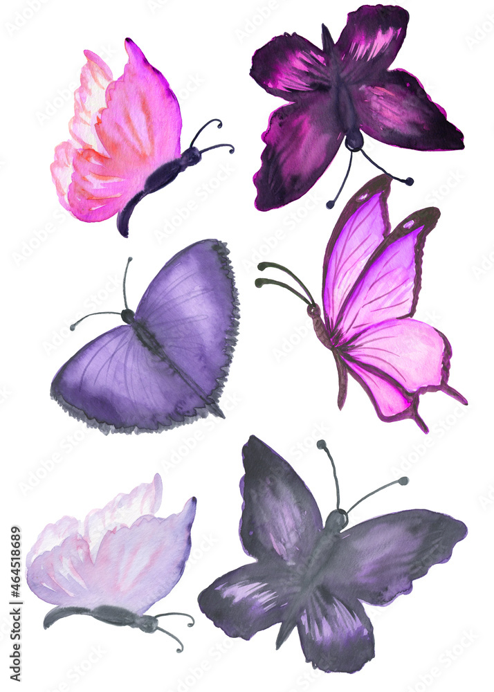 Obraz premium Watercolor set of colored butterflies. Perfect for stickers,stickers,postcards,baby shower,crafts and hobbies.
