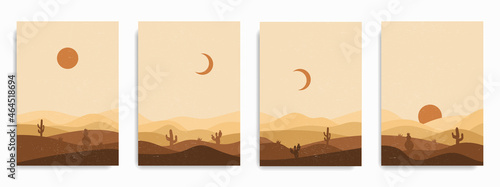 Set of abstract landscape posters. Modern background flat design, contemporary boho sun moon mountains and cactus minimalist wall decor. Vector art print
