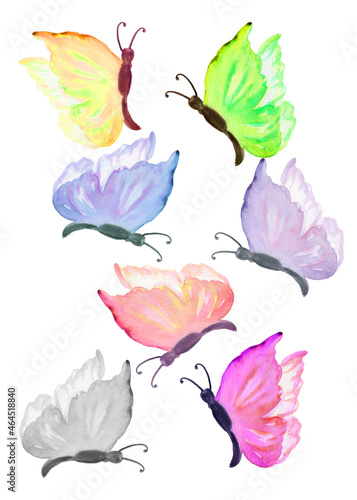 Watercolor set of colored butterflies. Perfect for stickers stickers postcards baby shower crafts and hobbies.