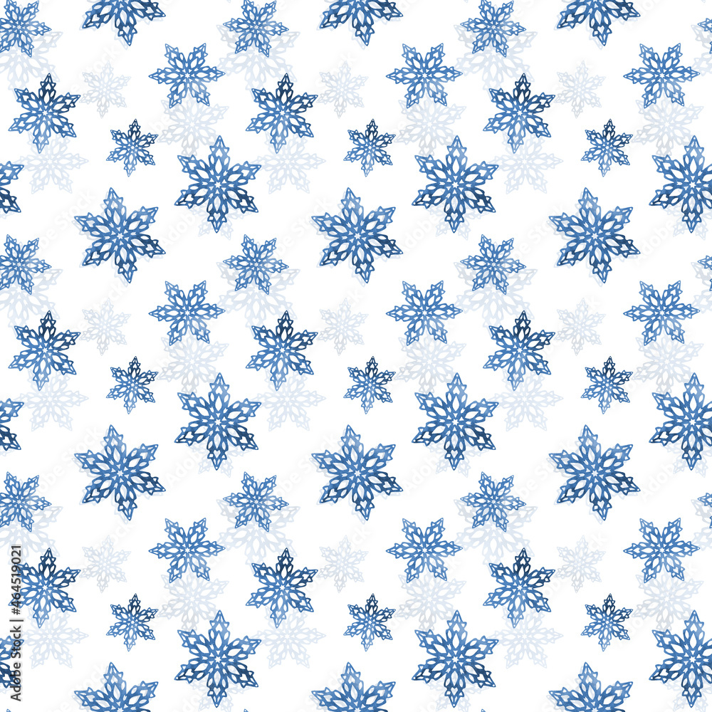 Snowflakes with a watercolor texture. Celebratory background can be used for graphic designs Christmas, invitations and greeting cards, gift wrap, posters, winter holidays. Seamless pattern.