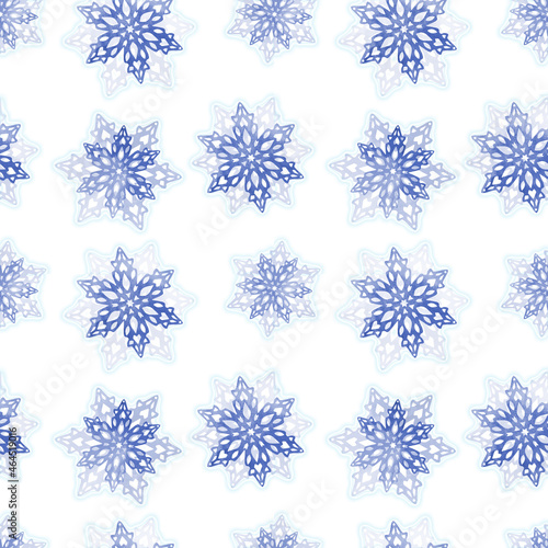 Snowflakes with a watercolor texture. Celebratory background can be used for graphic designs Christmas, invitations and greeting cards, gift wrap, posters, winter holidays. Seamless pattern.