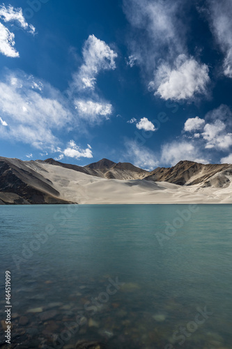 The white sand mountains and lake in Kashgar Prefecture, Xinjiang, China.