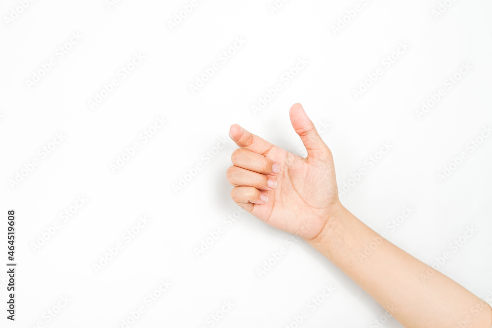 a hand acts like it's holding something. a collection of hand gestures isolated on a white background.
