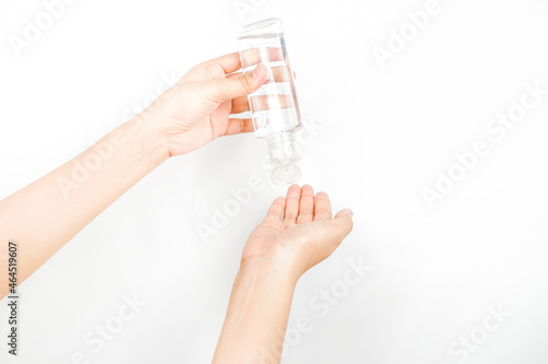 pouring a liquid from a transparent bottle into a hand. a collection of hand gestures isolated on a white background.