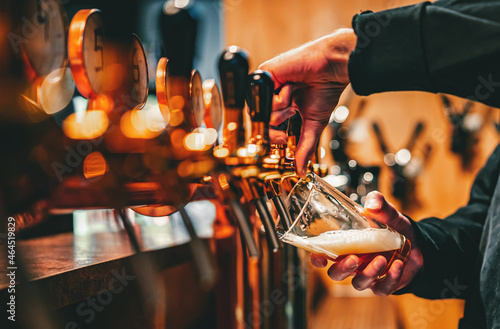 bartender hand at beer tap pouring a draught beer in glass serving in a bar or pub