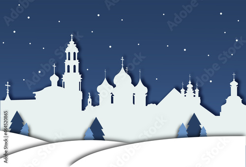 christmas card with paper cut style church