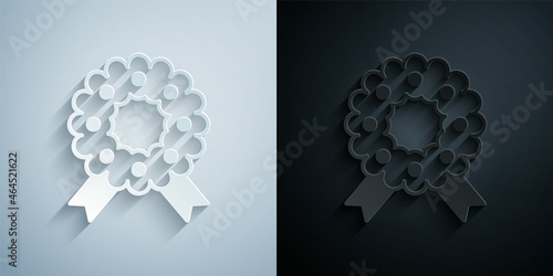 Paper cut Christmas wreath icon isolated on grey and black background. Merry Christmas and Happy New Year. Paper art style. Vector