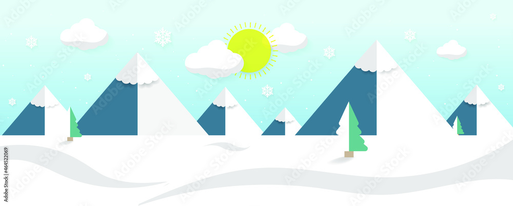 Landscape with snow-filled areas.abstract pastel paper cut illustration of winter landscape with cloud.star.Winter mountain Christmas landscape with fir trees and snowflakes.walpaper.Night sky.trees