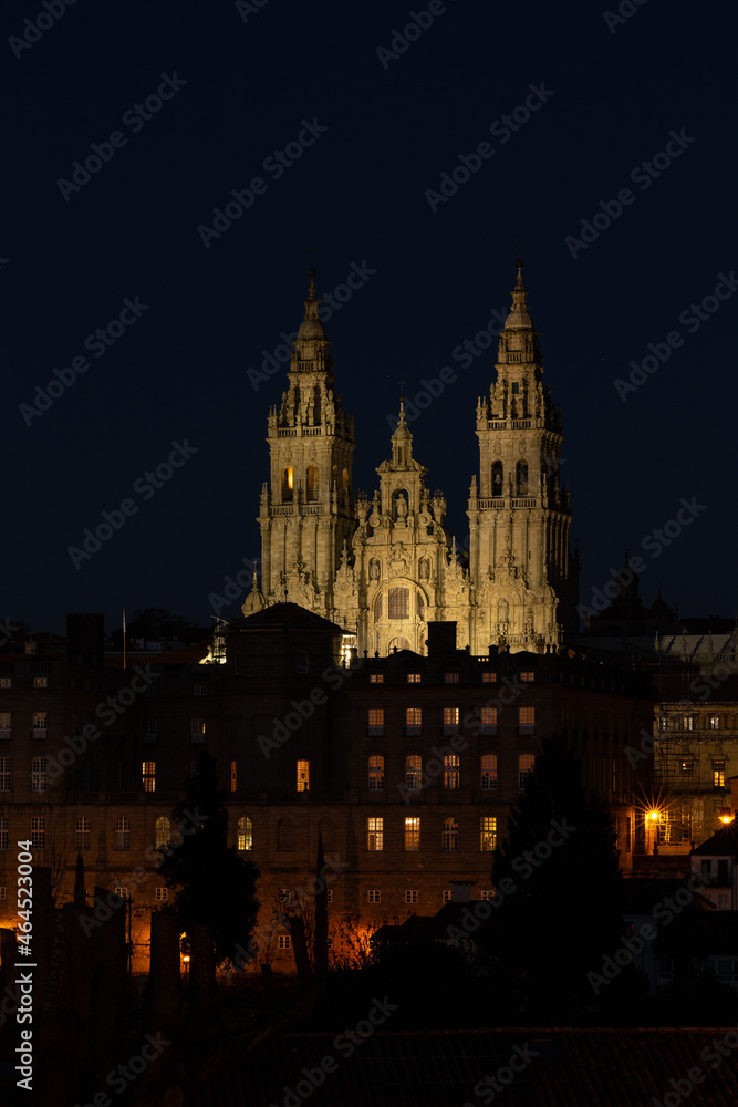 Skyline view over the Cathedral of Santiago de Compostela by night, Galicia, Spain.