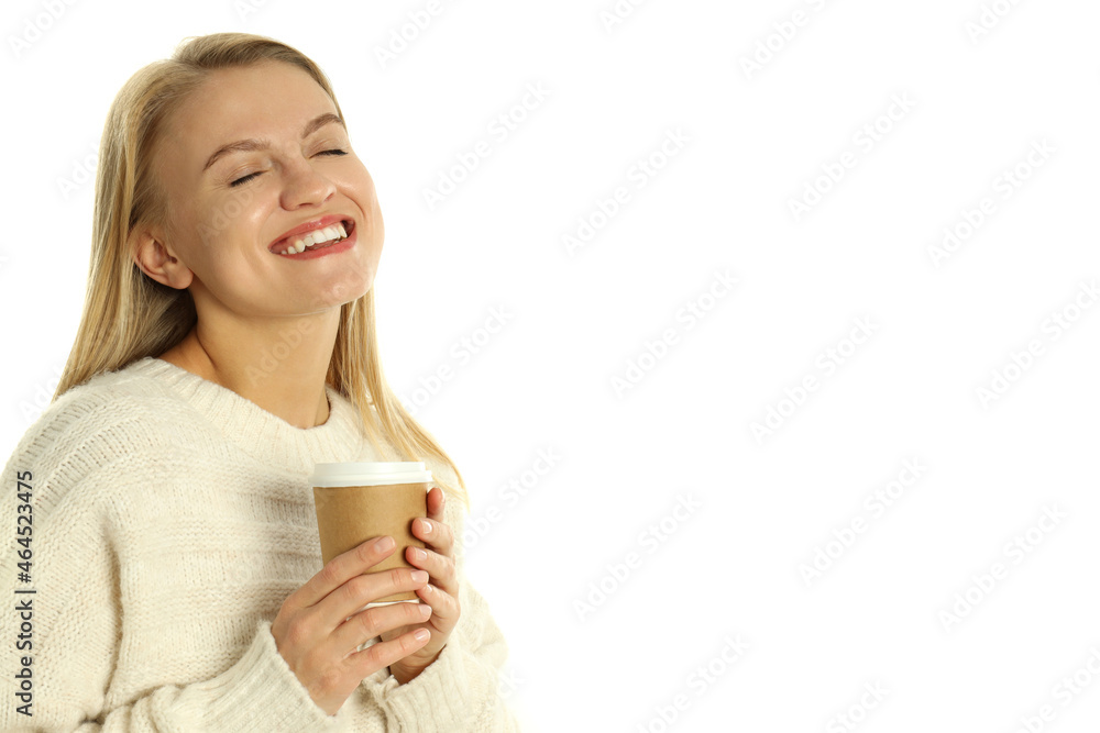 Attractive woman with paper cup isolated on white background Attractive woman with paper cup isolated on white background