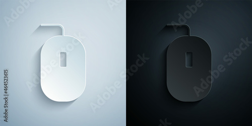 Paper cut Computer mouse gaming icon isolated on grey and black background. Optical with wheel symbol. Paper art style. Vector