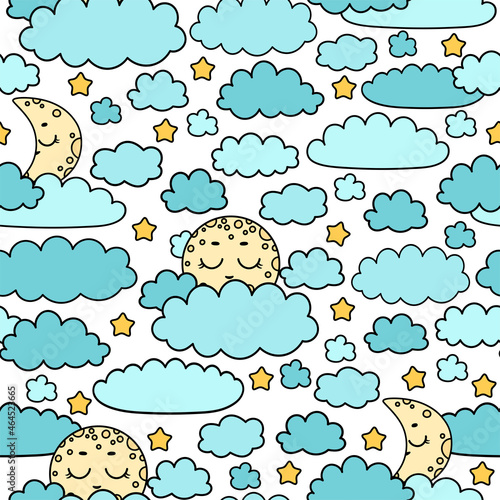 Kawaii moon pattern. Full moon, yong moon, stars, clouds print. Cute set of night icons. Night children background. Cartoon moon face backdrop. Color pastel heavenly body. Bedtime stories  texture.