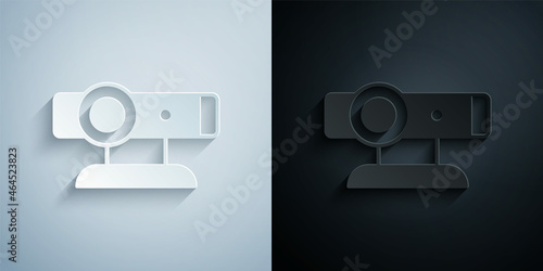 Paper cut Web camera icon isolated on grey and black background. Chat camera. Webcam icon. Paper art style. Vector