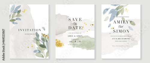 Luxury wedding invitation card background  with golden line art flower and botanical leaves, Organic shapes, Watercolor. Abstract art background vector design for wedding and vip cover template.