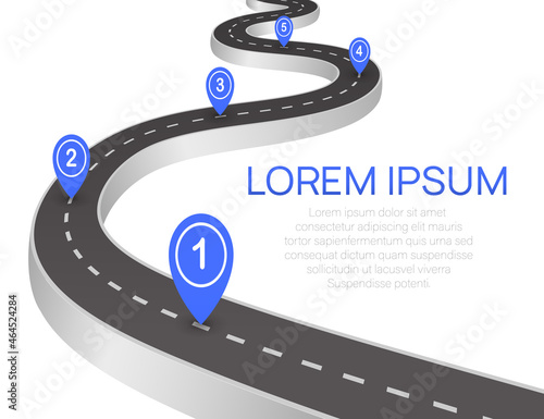 Winding 3d road infographic concept on a white background, Winding road to success with pin pointers, Timeline template.