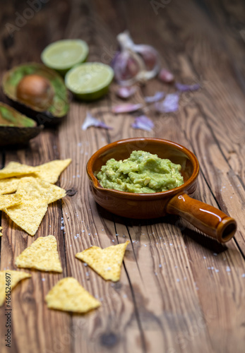 avocado dip flavored with garlic, chili, pepper, and lime juice with corn nachos