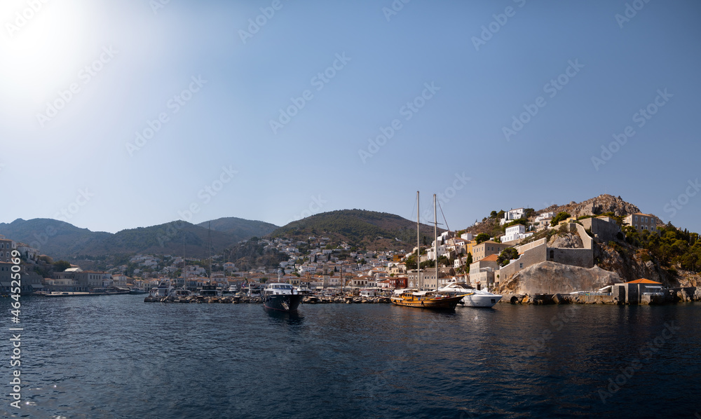  view from the sea to the Hydra marina sea port, Greece