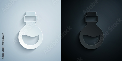 Paper cut Glass bottle with magic elixir icon isolated on grey and black background. Computer game asset. Paper art style. Vector