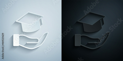 Paper cut Education grant icon isolated on grey and black background. Tuition fee, financial education, budget fund, scholarship program, graduation hat. Paper art style. Vector