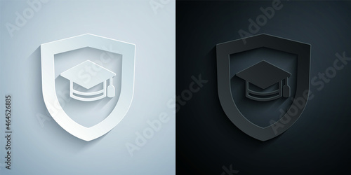 Paper cut Graduation cap with shield icon isolated on grey and black background. Insurance concept. Security, safety, protection, protect concept. Paper art style. Vector