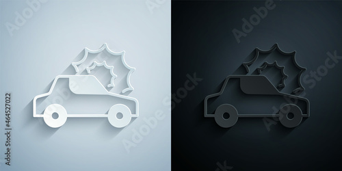 Paper cut Car insurance icon isolated on grey and black background. Insurance concept. Security, safety, protection, protect concept. Paper art style. Vector