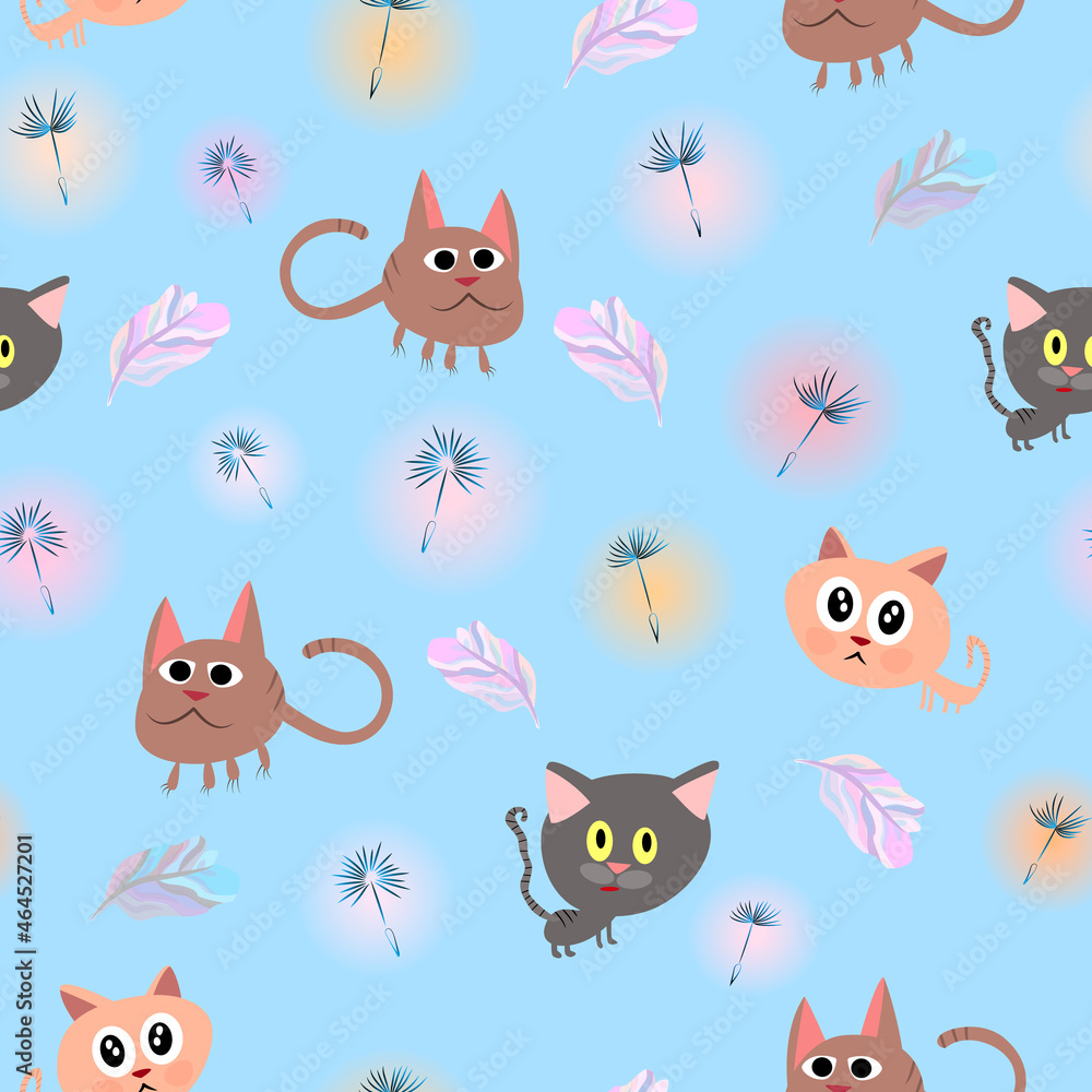 Three funny cartoon cats among dandelion fluffs. Pattern. Vector illustration Three funny cartoon cats among dandelion fluffs. Pattern. Vector illustration