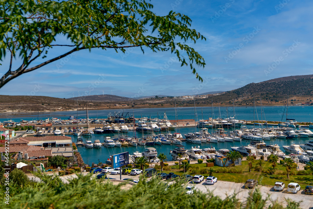 Alacati, Izmir, Turkey - August 25 2021: Panoramic view of Alacati is famous for  windsurfing and kite surfing.
