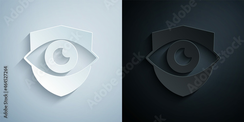 Paper cut Shield and eye icon isolated on grey and black background. Security, safety, protection, privacy concept. Paper art style. Vector