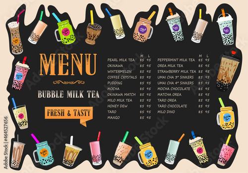 Bubble milk tea, Pearl milk tea , Different sorts of Boba. Yummy drinks. Ads with delicious tapioca.  Restaurant cafe menu, template design. Food flyer. Chalk board, retro menu restaurant poster. 