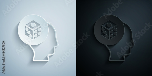 Paper cut Game dice icon isolated on grey and black background. Casino gambling. Paper art style. Vector