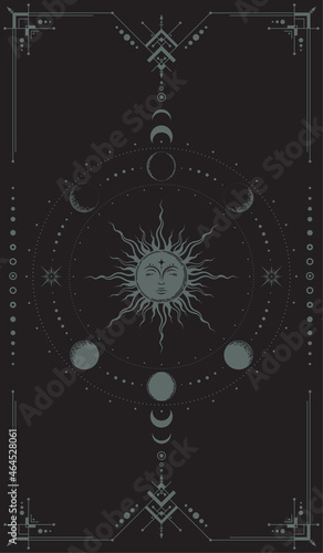 Vector mystical dark background with an ornate geometric frame including sleeping sun with a face, moon phases, stars and concentric rounds. Occult vertical banner with crescents and magical symbols