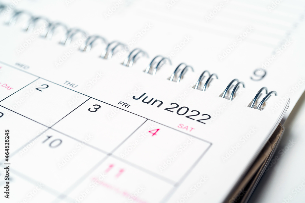 June 2022 year on desk calendar close up June 2022 year on desk calendar close up