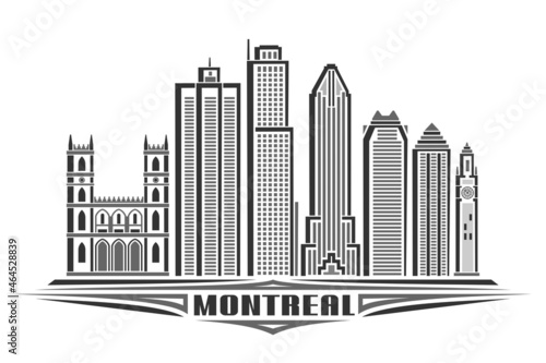 Vector illustration of Montreal, monochrome horizontal poster with linear design famous montreal city scape, urban line art concept with decorative letters for black word montreal on white background.