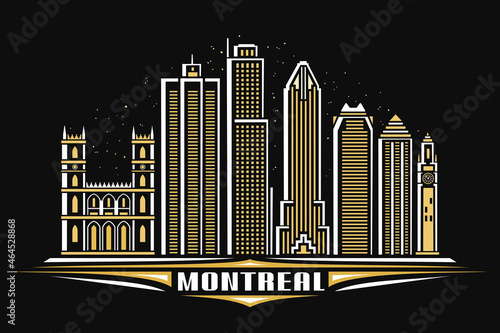 Vector illustration of Montreal, horizontal poster with linear design famous montreal city scape on dusk starry sky background, urban line art concept with decorative letters for word montreal on dark