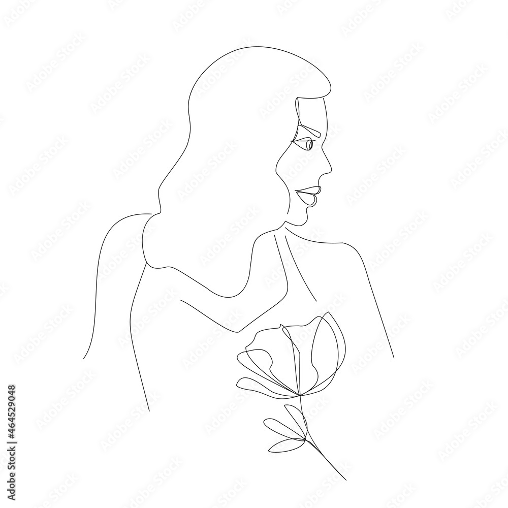 Abstract minimalistic contemporary portrait of a young woman in profile, hand-drawn lines. Beautiful female with a flower. Vector graphics.