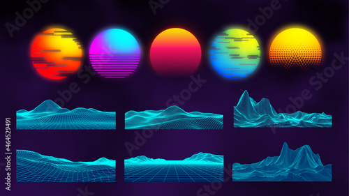 Retro landscape constructor set. Futuristic technology mountain landscapes. Digital city neon 80s technology music backgrounds constructor.