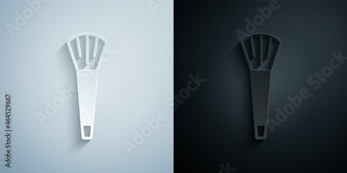 Paper cut Makeup brush icon isolated on grey and black background. Paper art style. Vector