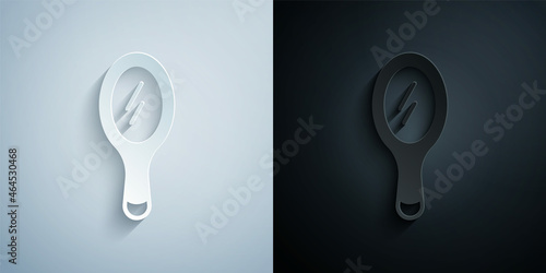 Paper cut Hand mirror icon isolated on grey and black background. Paper art style. Vector