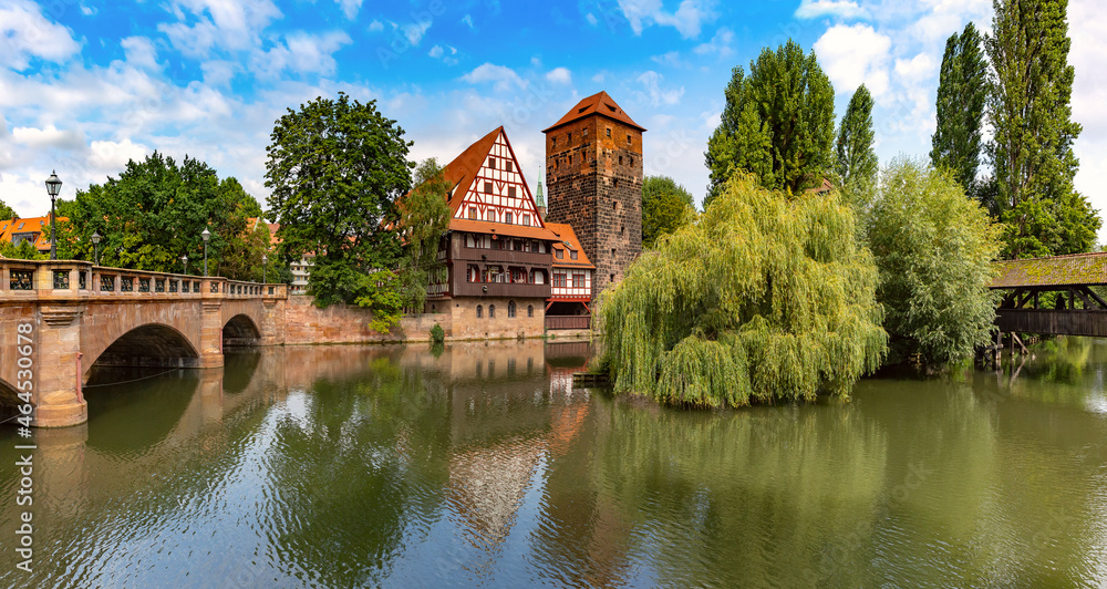 Pegnitz river waterfront with Weinstadel and Henkerhaus in Old Town of Nuremberg, Bavaria, Germany